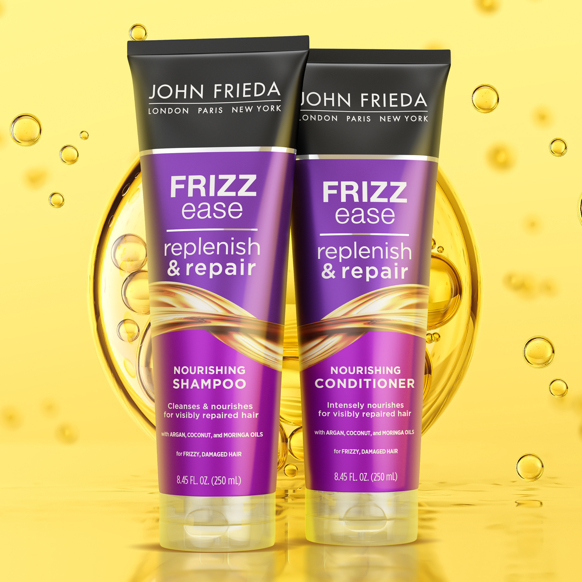 slide 3 of 5, John Frieda Replenish & Repair Shampoo, Moisture-Repair Shampoo that Visibly Repairs Damage, Reduces Frizz, and Nourishes Hair with Argan, Moringa, and Coconut Oil, 8.45 Oz, 8.40 fl. oz