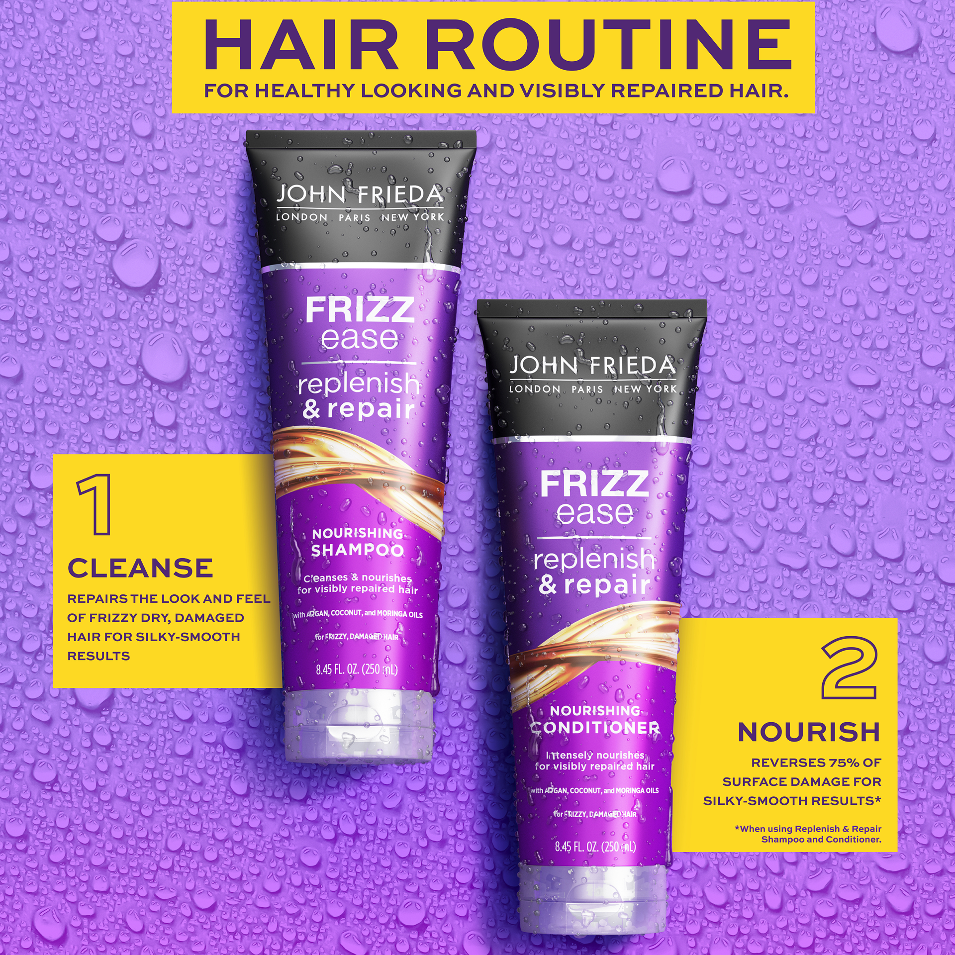 slide 4 of 5, John Frieda Replenish & Repair Shampoo, Moisture-Repair Shampoo that Visibly Repairs Damage, Reduces Frizz, and Nourishes Hair with Argan, Moringa, and Coconut Oil, 8.45 Oz, 8.40 fl. oz