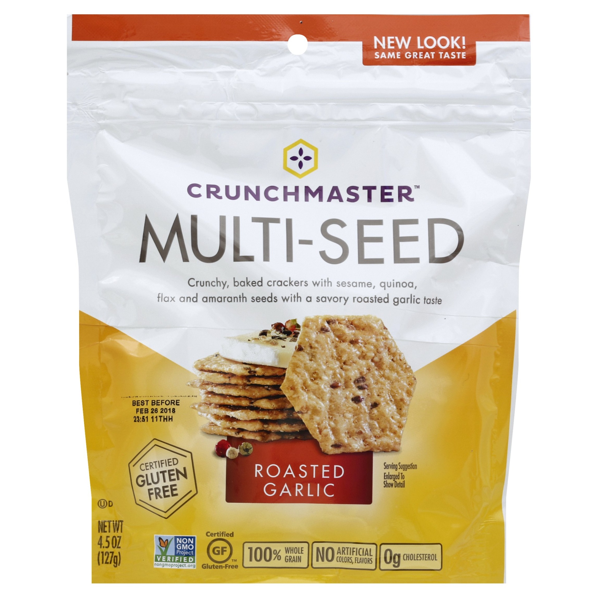 slide 1 of 6, Crunchmaster Multi-Seed Crackers, Roasted Garlic, 4.5 oz