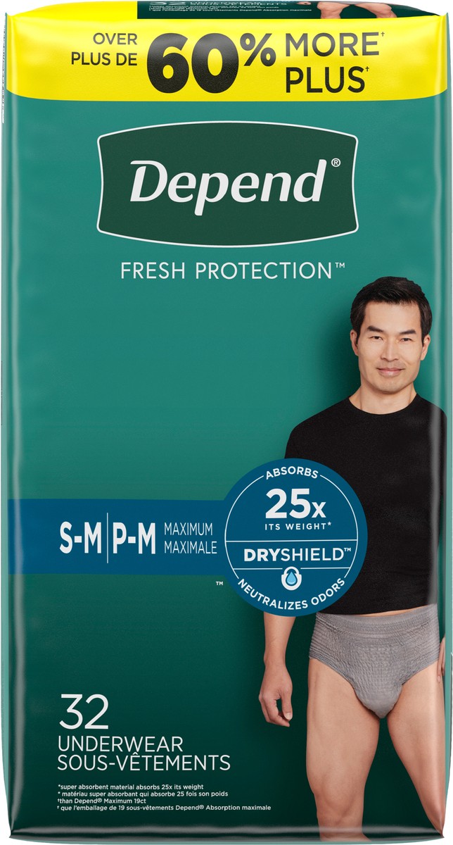 slide 6 of 9, Depend Fresh Protection Adult Incontinence Underwear for Men (Formerly Depend Fit-Flex), Disposable, Maximum, Small/Medium, Grey, 32 Count, 32 ct