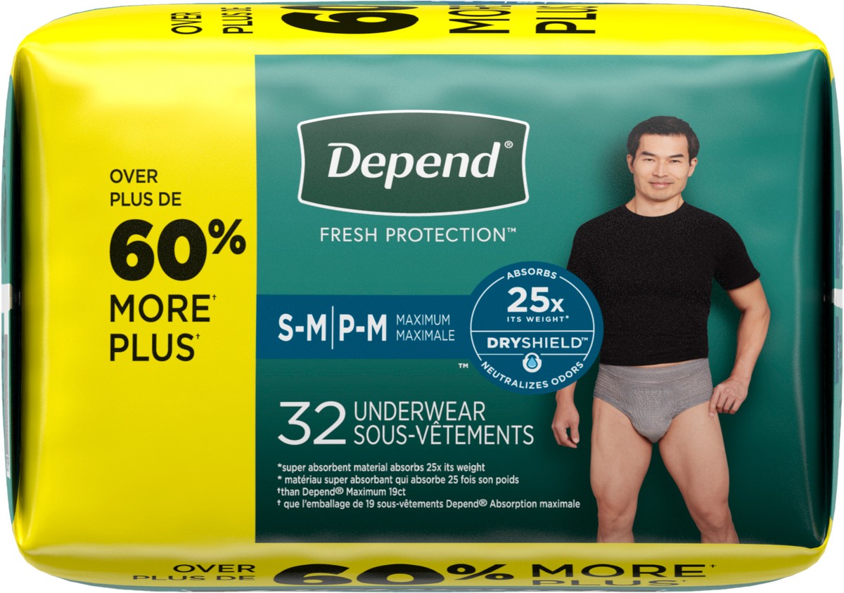 slide 9 of 9, Depend Fresh Protection Adult Incontinence Underwear for Men (Formerly Depend Fit-Flex), Disposable, Maximum, Small/Medium, Grey, 32 Count, 32 ct