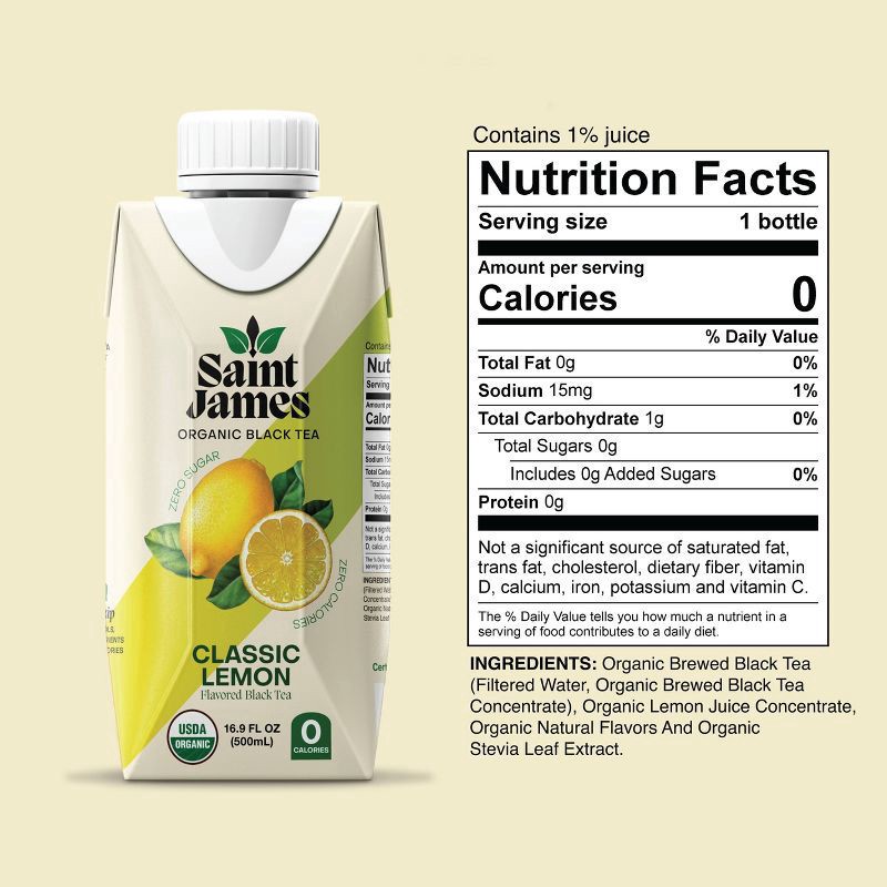 slide 4 of 4, Saint James Zero Sugar Organic Brewed Classic Lemon Black Tea 16 fl oz, 16 fl oz