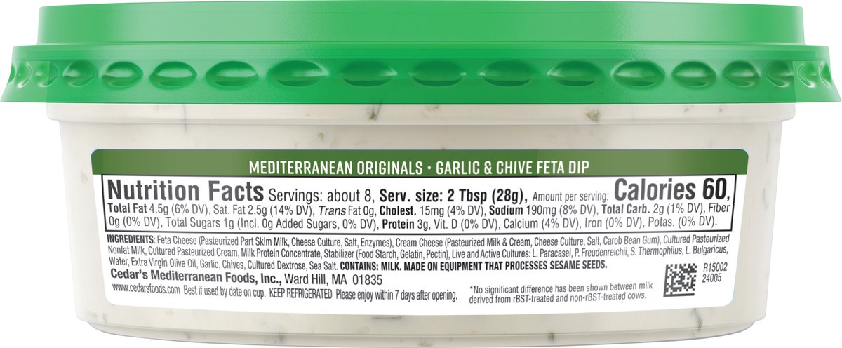 slide 6 of 8, Cedar's Foods Garlic & Chive Feta Dip, 8 oz