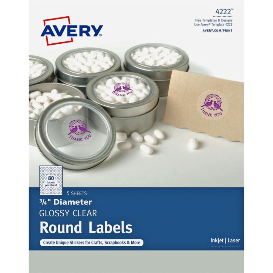 slide 2 of 2, Avery Print-To-The-Edge Permanent Labels, 4222, 3/4", Glossy Clear, Pack Of 400, 400 ct