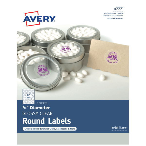slide 1 of 2, Avery Print-To-The-Edge Permanent Labels, 4222, 3/4", Glossy Clear, Pack Of 400, 400 ct