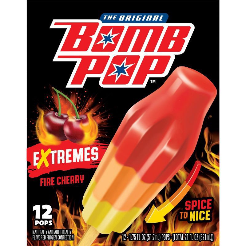 slide 1 of 12, Bomb Pop Extremes Fire Cherry Ice Pops, 12 Pack, 21 fl oz