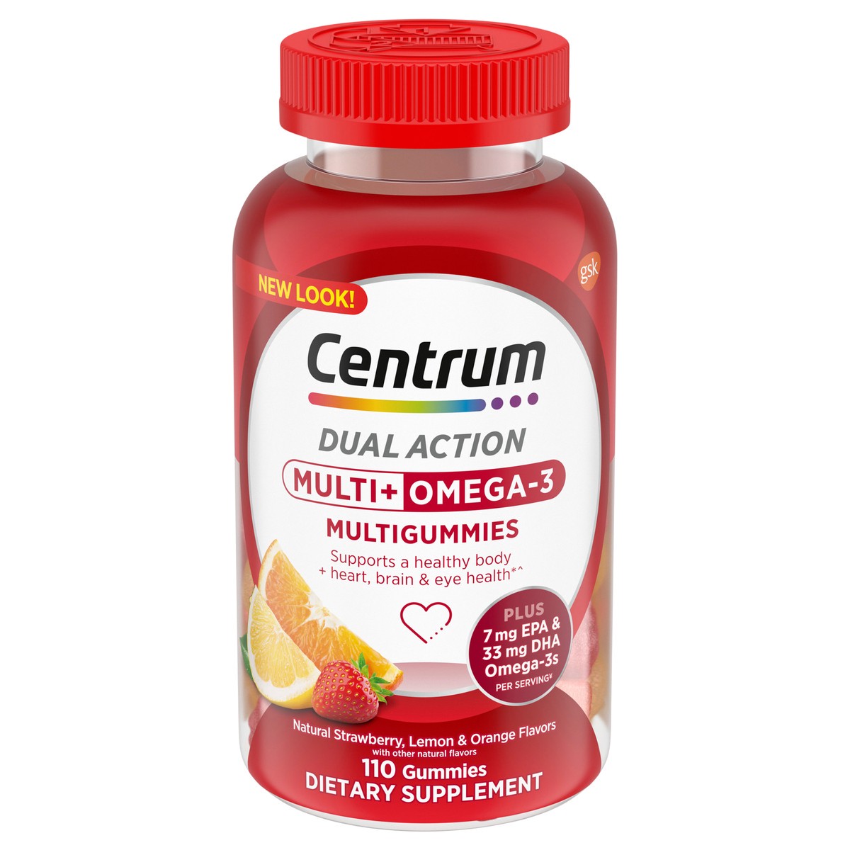 slide 1 of 1, Centrum MultiGummies Multi+ Omega 3 Dual Action, Adult Multivitamin, Multivitamin/Multimineral/Omega 3 Supplement, Strawberry/Lemon/Orange Flavors - 110 Count, 110 ct