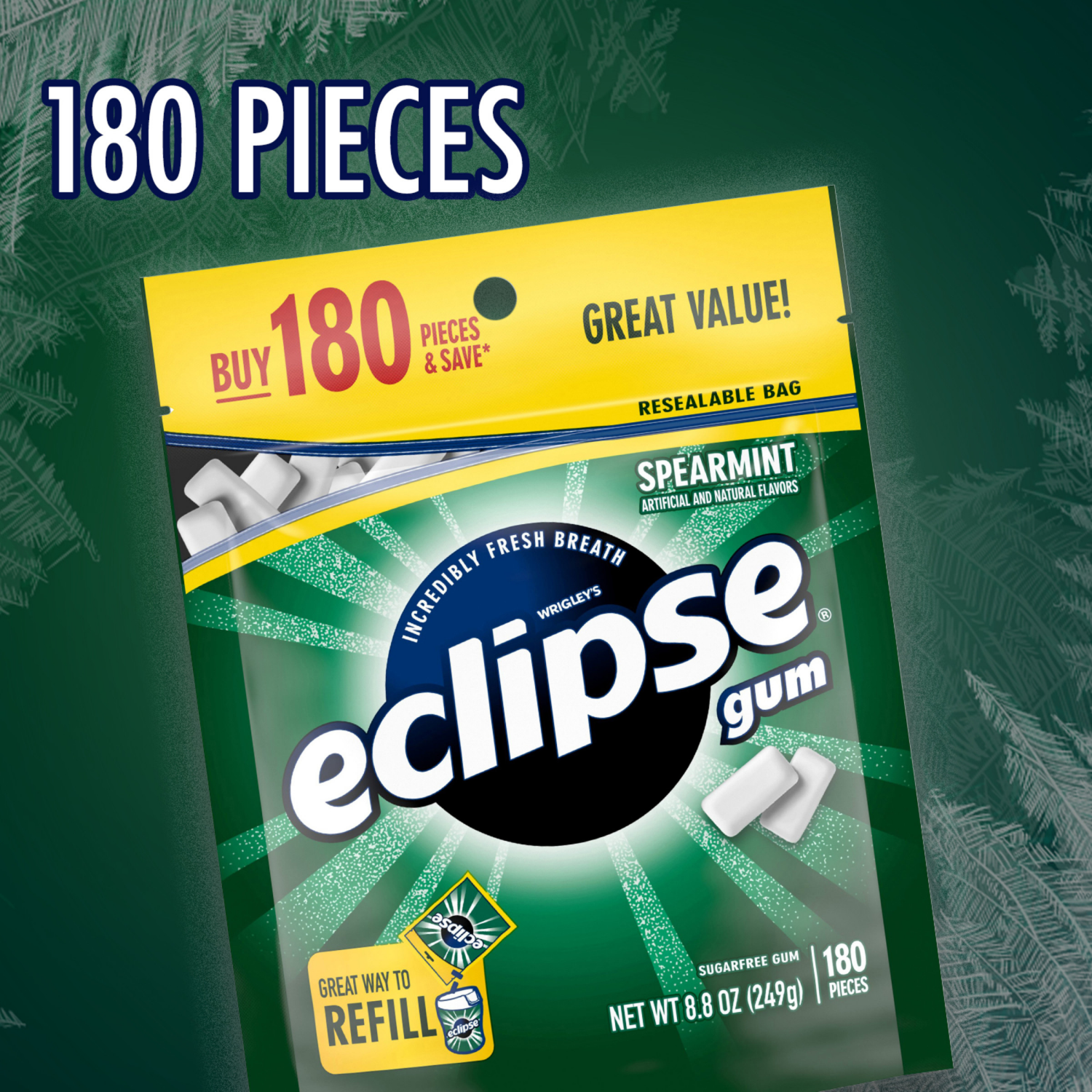 slide 2 of 8, ECLIPSE Spearmint Sugarfree Chewing Gum, 180 piece bag, 180 ct