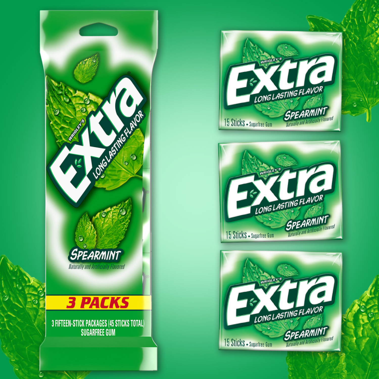 slide 2 of 8, Extra Gum, Sugar Free, Spearmint, 3 Pack, 3 ct