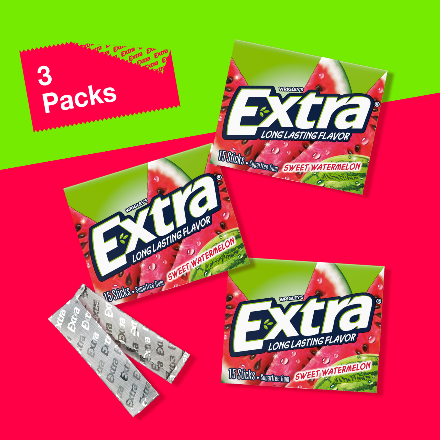 slide 4 of 8, EXTRA Sweet Watermelon Sugarfree Gum, 3 packs, 3 ct