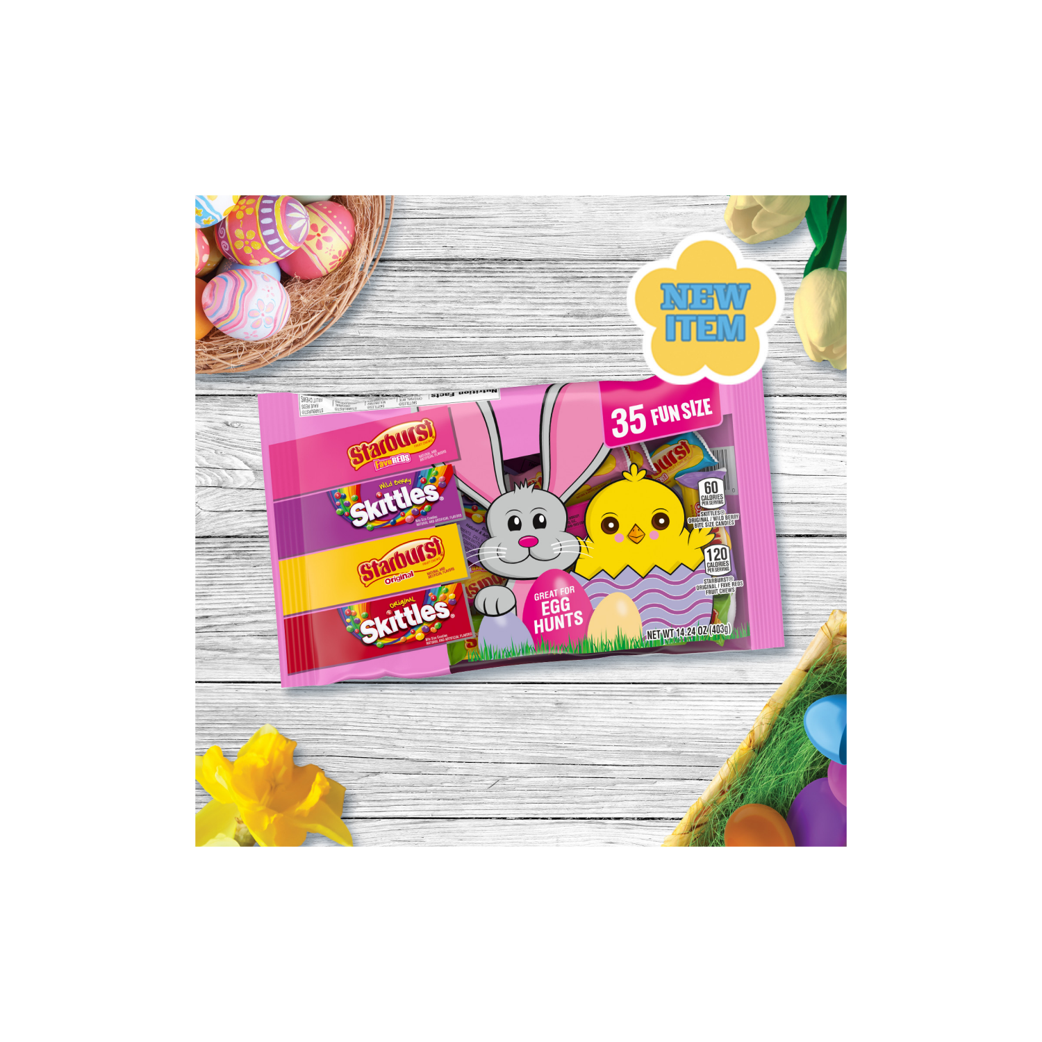 slide 2 of 8, Wrigley Skittles & Starburst Fun Size Chewy Candy Easter Basket Stuffers Variety Pack, 35 ct Bulk Bag, 14.24 oz