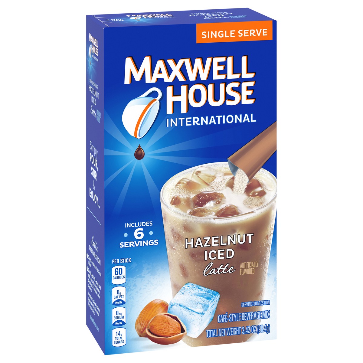 slide 3 of 9, Maxwell House Hazelnut Iced Latte Café-Style Single Serve Instant Coffee Beverage Mix, 6 ct. Sticks, 6 ct