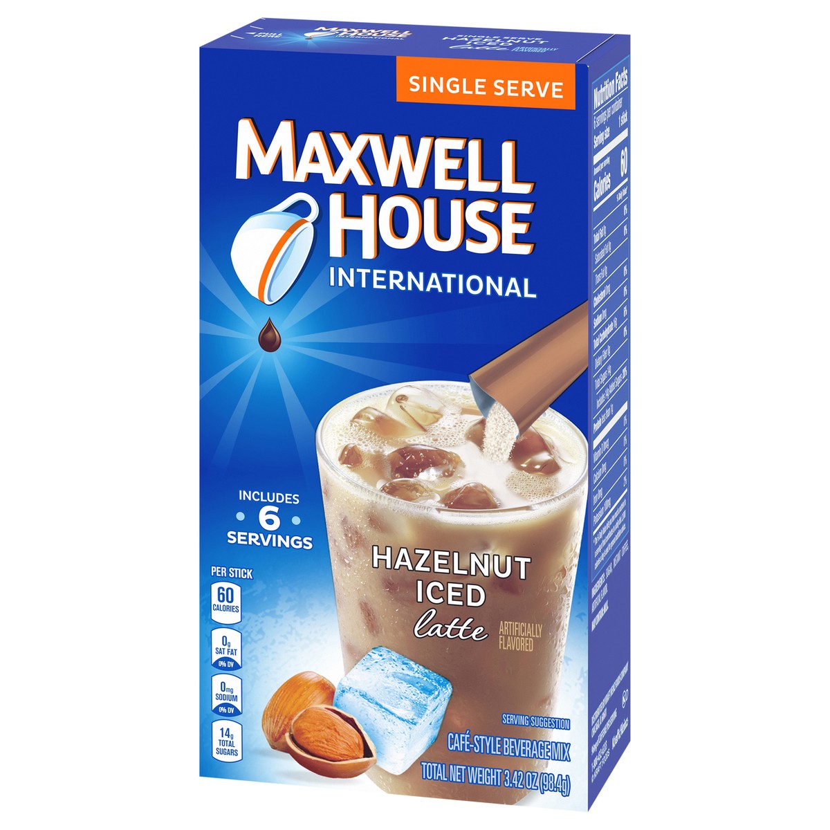 slide 8 of 9, Maxwell House Hazelnut Iced Latte Café-Style Single Serve Instant Coffee Beverage Mix, 6 ct. Sticks, 6 ct