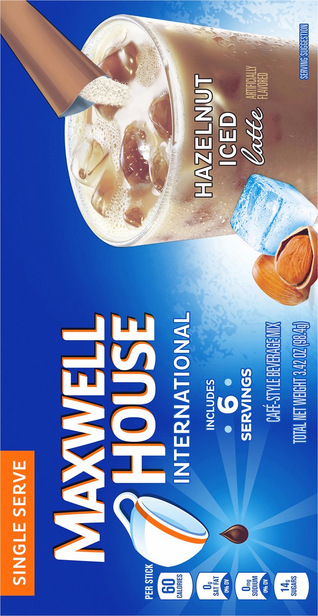 slide 9 of 9, Maxwell House Hazelnut Iced Latte Café-Style Single Serve Instant Coffee Beverage Mix, 6 ct. Sticks, 6 ct