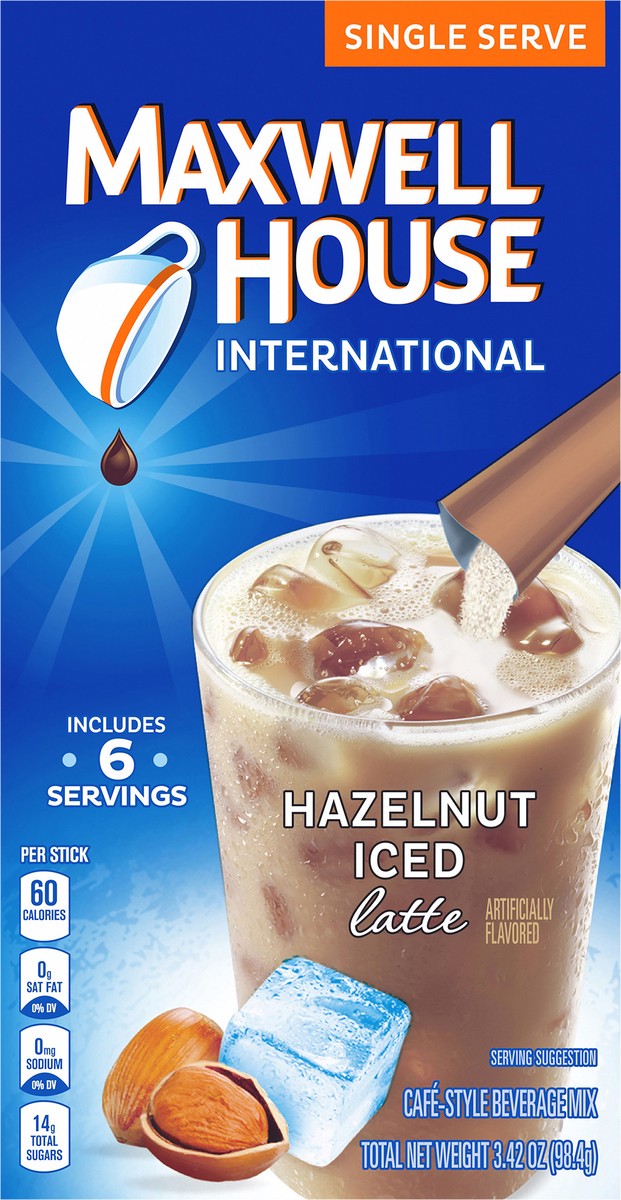 slide 2 of 9, Maxwell House Hazelnut Iced Latte Café-Style Single Serve Instant Coffee Beverage Mix, 6 ct. Sticks, 6 ct