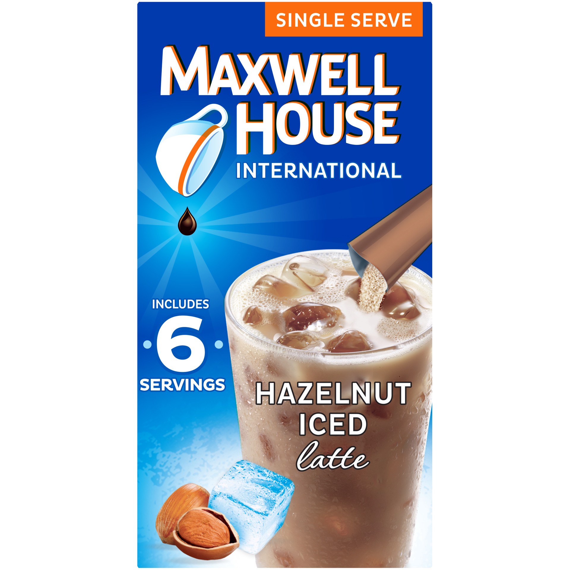 slide 1 of 9, Maxwell House Hazelnut Iced Latte Café-Style Single Serve Instant Coffee Beverage Mix, 6 ct. Sticks, 6 ct