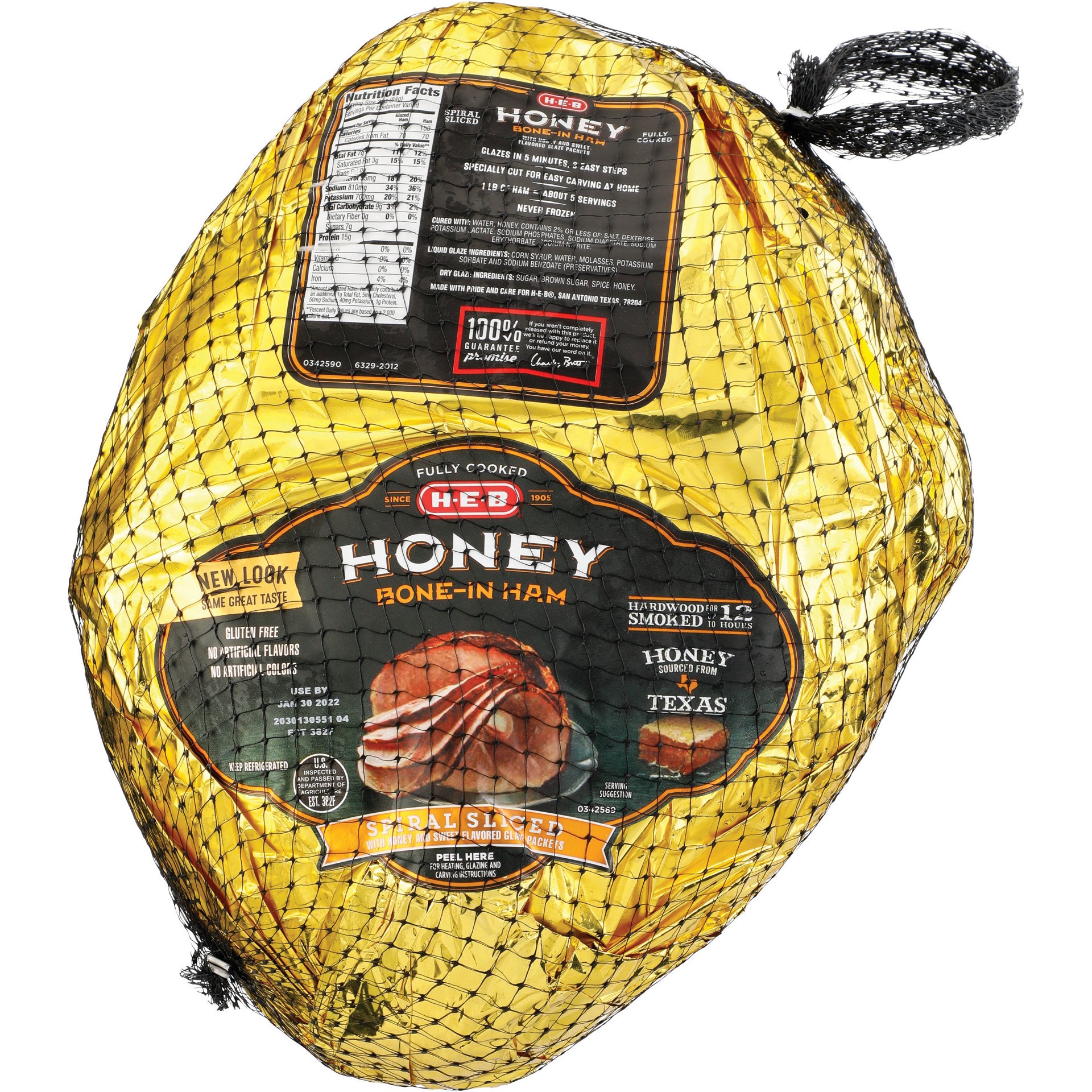 slide 1 of 1, H-E-B Fully Cooked Bone-in Hardwood Smoked Whole Spiral Sliced Ham - Honey Glaze, per lb