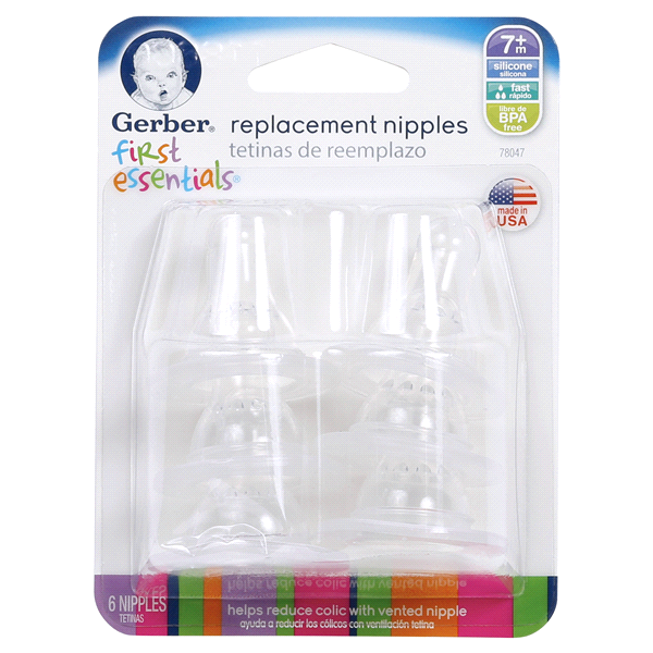 slide 1 of 1, Gerber First Essentials Replacement Nipples , 6 ct