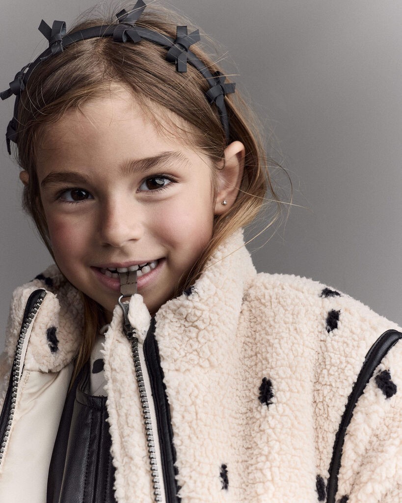 slide 2 of 7, Otteravenue Toddler Girl Polka Dot Sherpa Jacket - Ivory Ivory/Black 4T, 1 ct