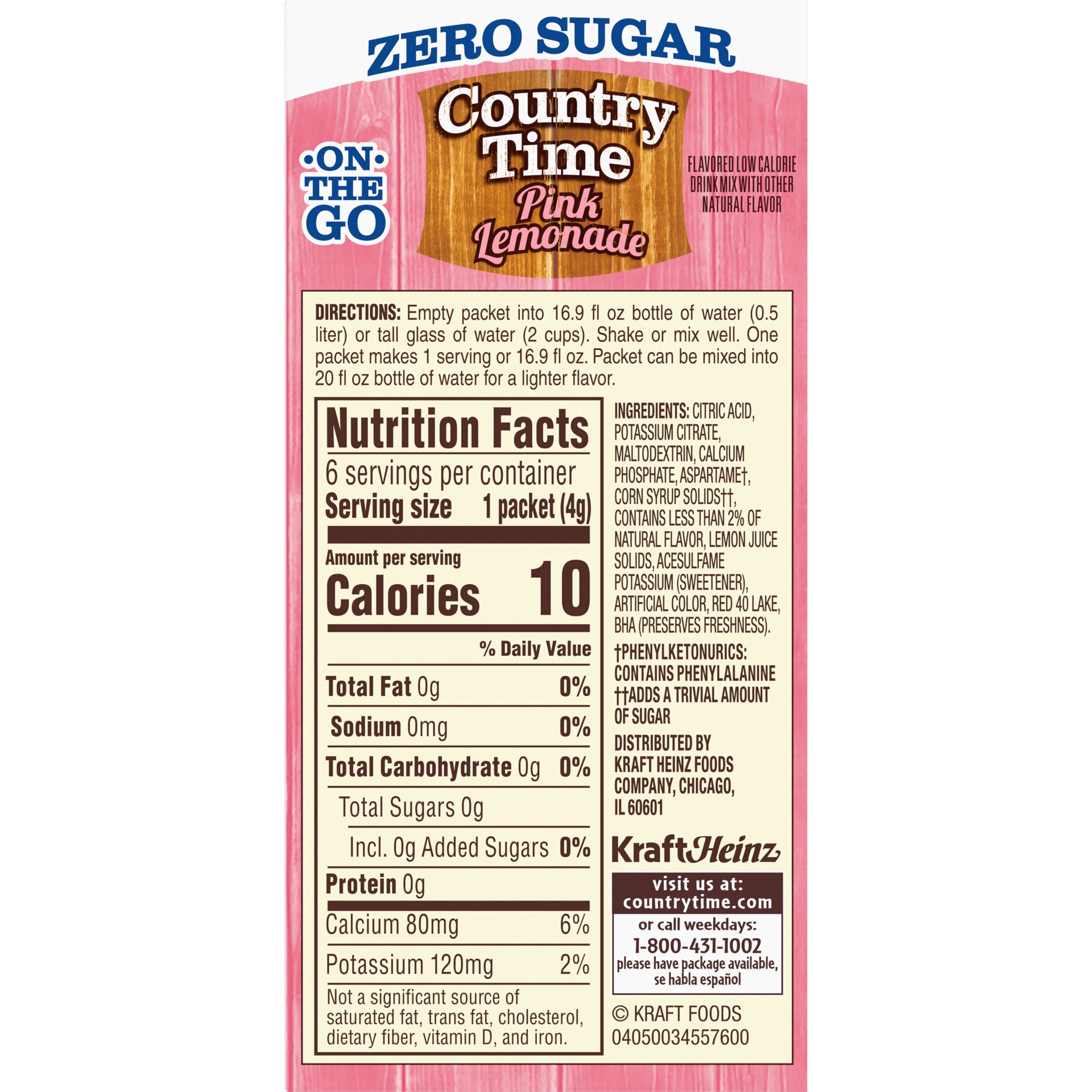 slide 4 of 5, Country Time Zero Sugar Pink Lemonade Drink Mix, 6 ct On-the-Go Packets, 8 per Case, 6 ct