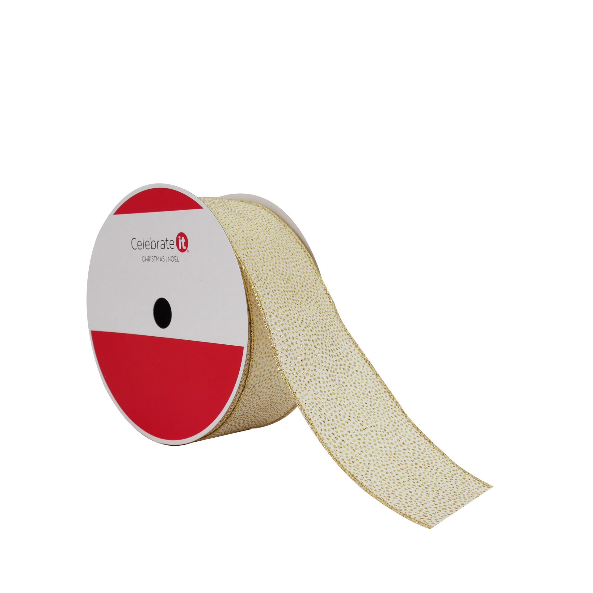 slide 2 of 3, 2.5" X 80ft. Cream With Gold Dots Wired Jumbo Ribbon By Celebrate It, 2.5 in x 80 ft