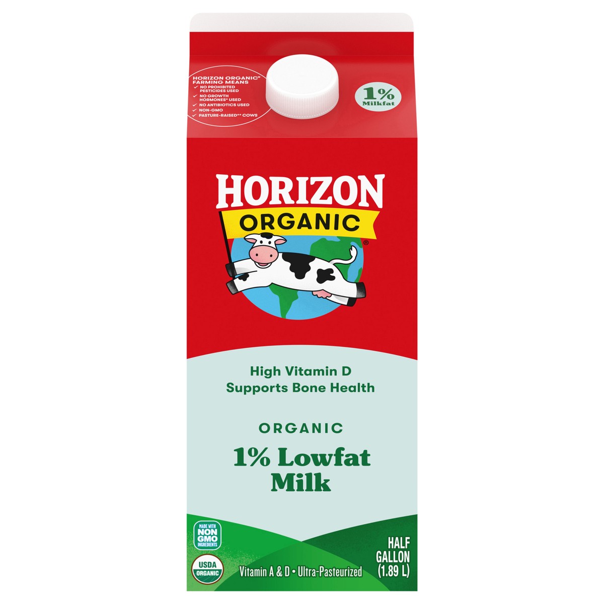 slide 1 of 5, Horizon Organic High Vitamin D 1 Percent Milk, High Vitamin D Lowfat Milk, 64 FL OZ Half Gallon Carton, 1/2 gal