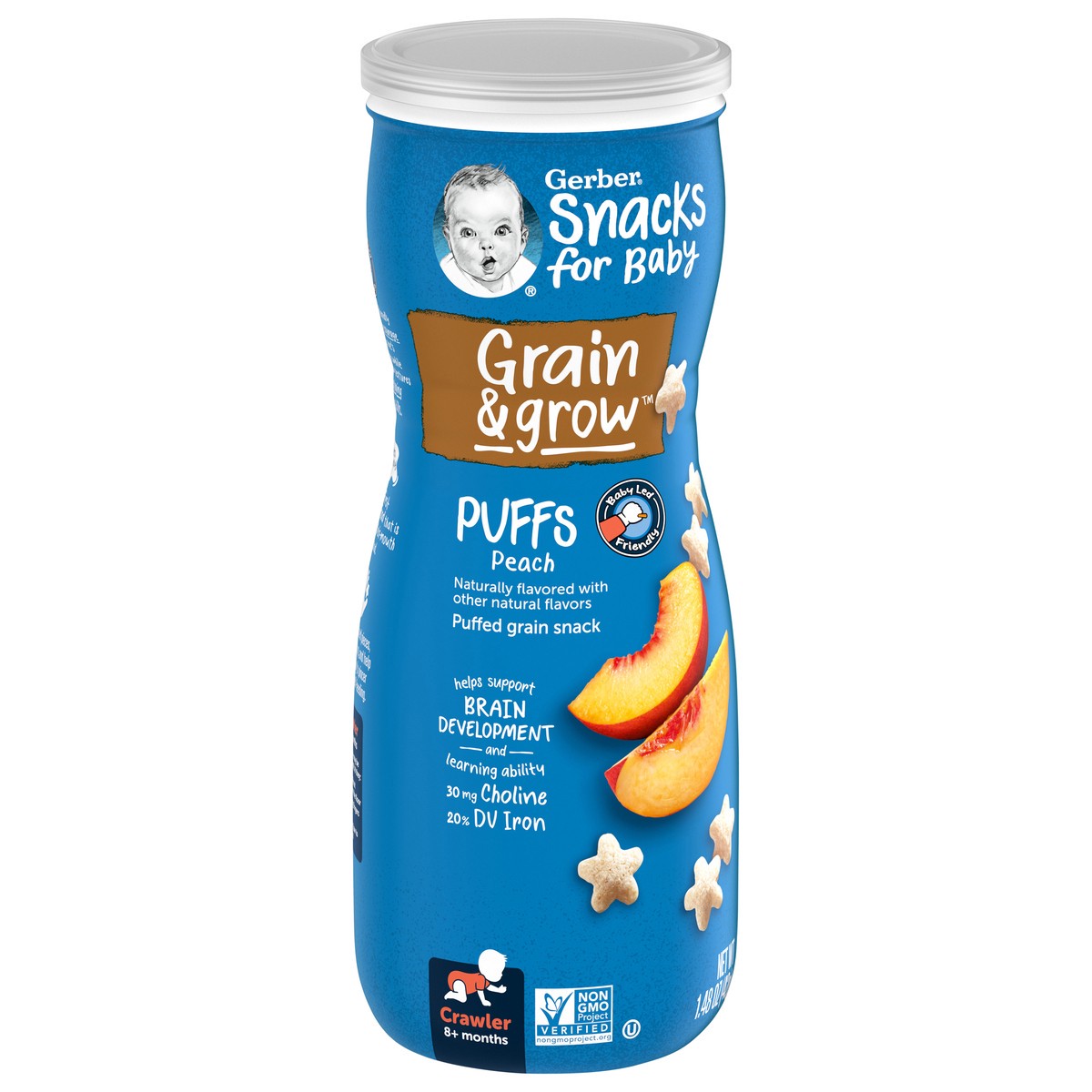 slide 7 of 9, Gerber Stage 3 Baby Food, Peach Puffs, 1.48 oz Canister, 1.48 oz