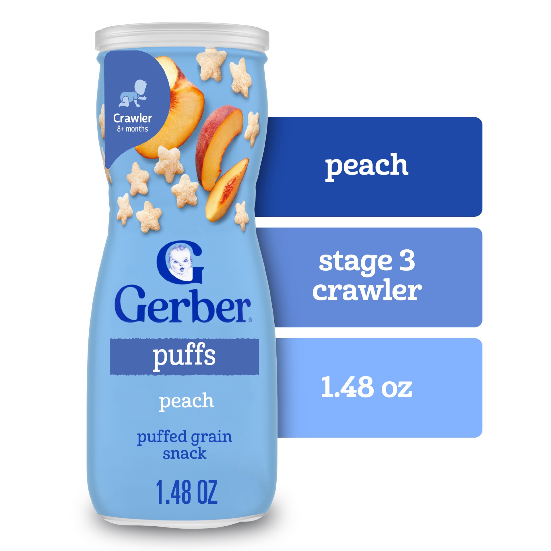 slide 1 of 9, Gerber Stage 3 Baby Snacks, Peach Puffs, Puffed Grain Snack, Baby Led Feeding, 1.48 oz