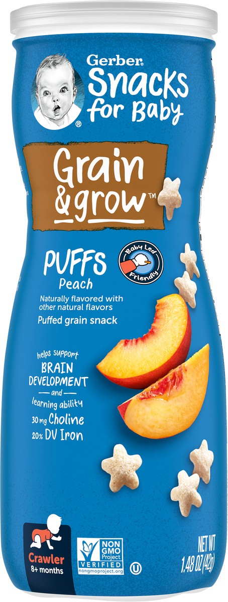 slide 1 of 9, GERBER PRODUCTS COMPANY Gerber Snacks for Baby Grain & grow Puffs Peach Canister R021A 1.48 OZ (42g), 1.48 oz