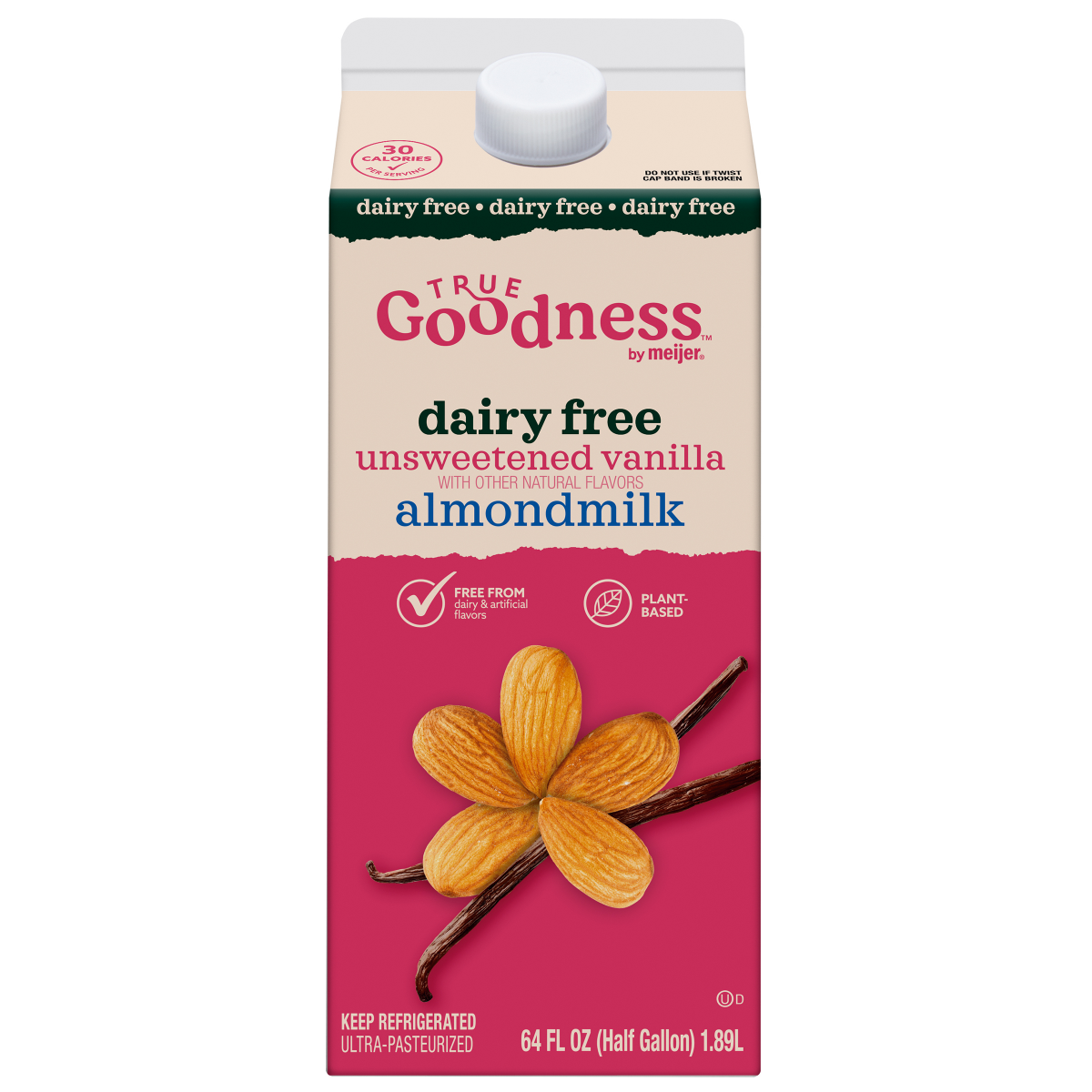 slide 1 of 3, True Goodness by Meijer Vanilla Unsweetened Dairy Free Almond Milk 64 OZ, 64 fl oz