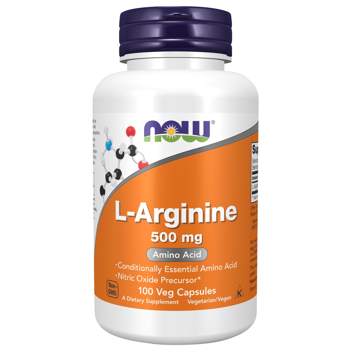 slide 1 of 2, NOW L-Arginine 500 mg - 100 Veg Capsules, 100 ct
