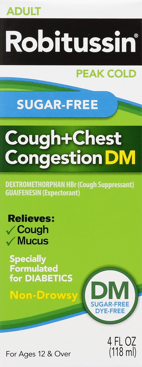 slide 2 of 4, Robitussin Peak Cold Cough + Chest Congestion DM Non-Drowsy Liquid Sugar-Free, 4 fl oz