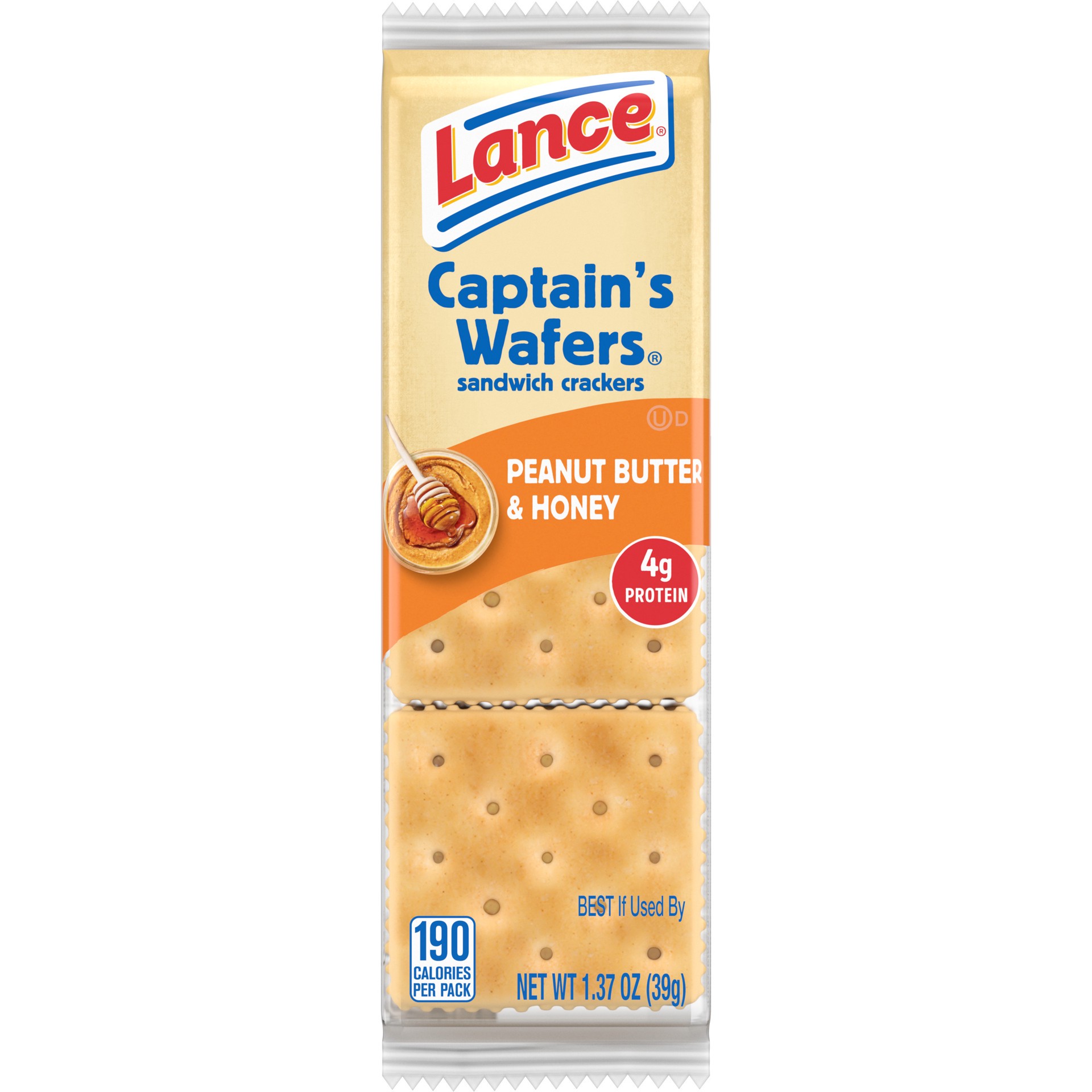 slide 1 of 5, Lance Sandwich Crackers, Captain's Wafers Peanut Butter & Honey, Individual Snack Pack, 6 Sandwiches, 1.37 oz