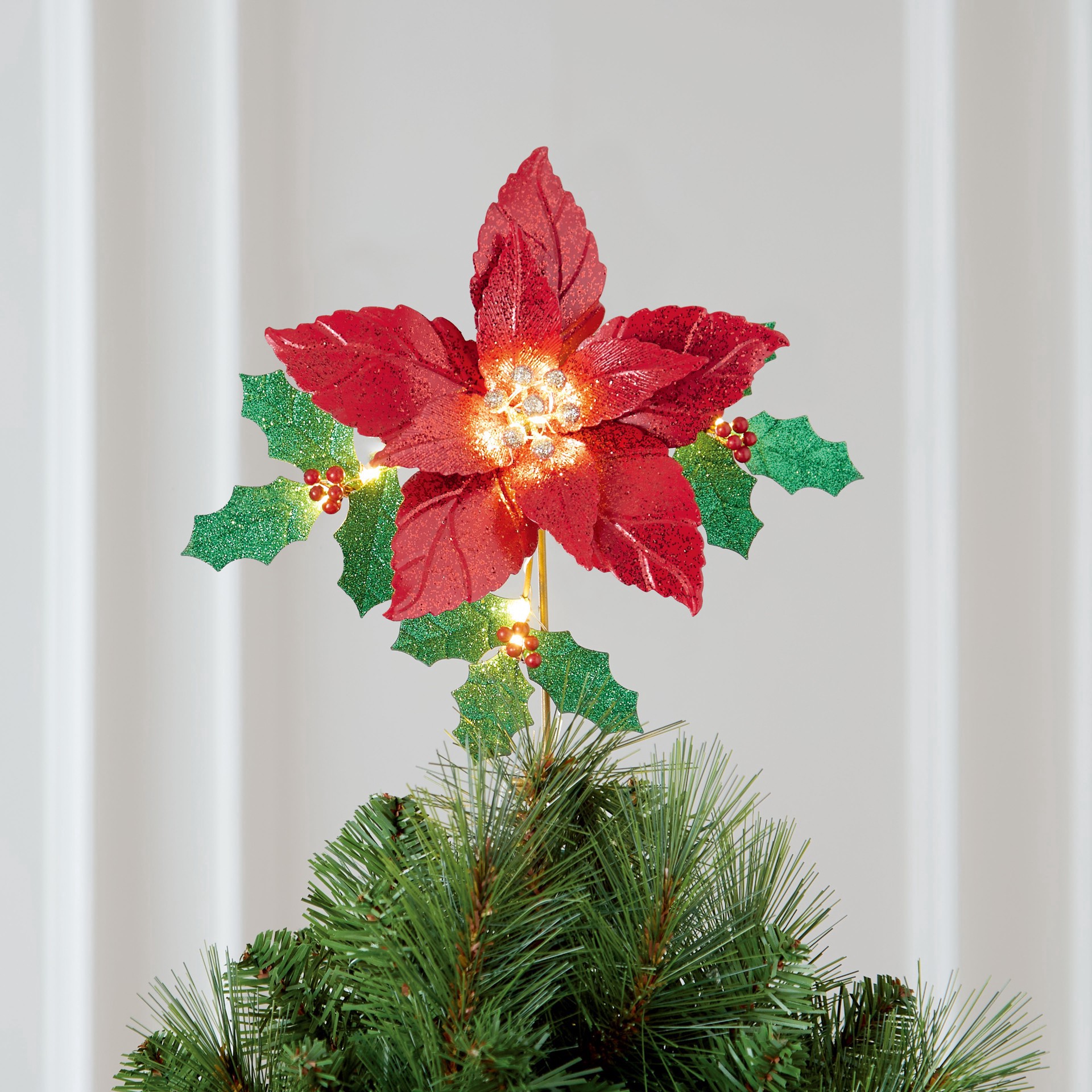 slide 2 of 4, 12" Glitter Poinsettia Lighted Tree Topper By Ashland, 12 in