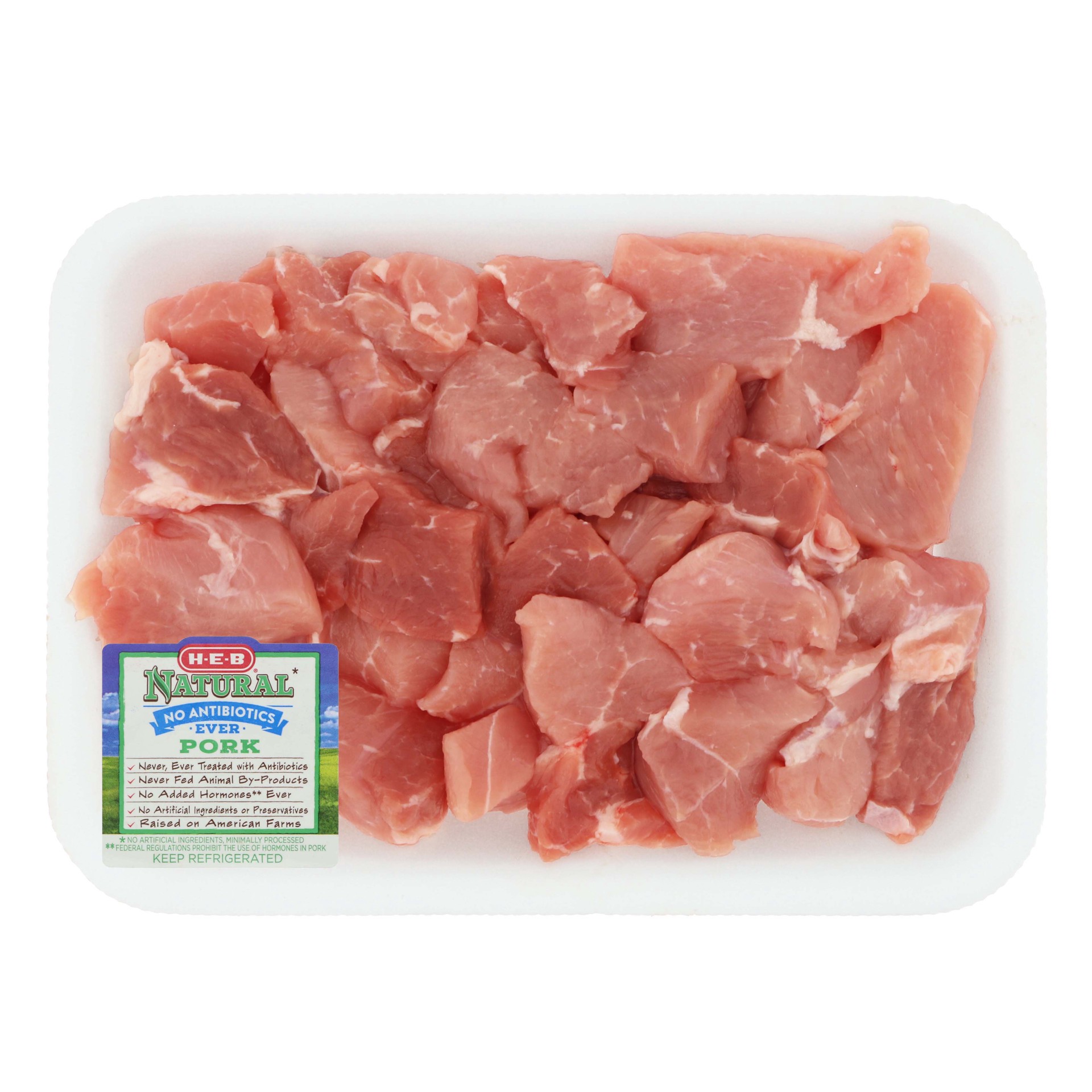 slide 1 of 1, H-E-B Natural Boneless Cubed Pork Stew Meat, per lb