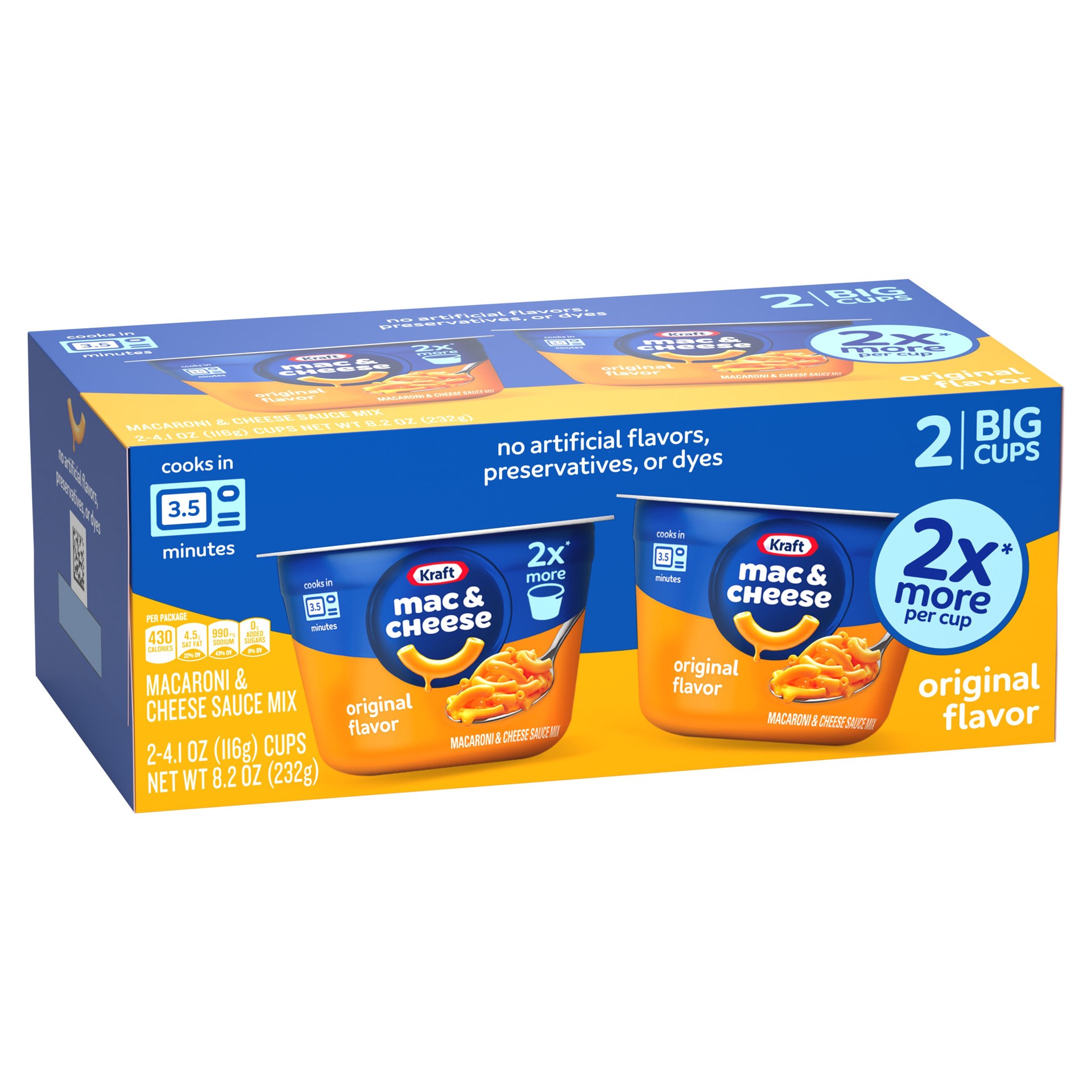 slide 2 of 8, Kraft Mac and Cheese, 2 Big Cups, for Easy Dinner or Dinner Sides, Original Flavor, No Artificial Flavors, Preservatives or Dyes, 4.1 oz, 2 ct