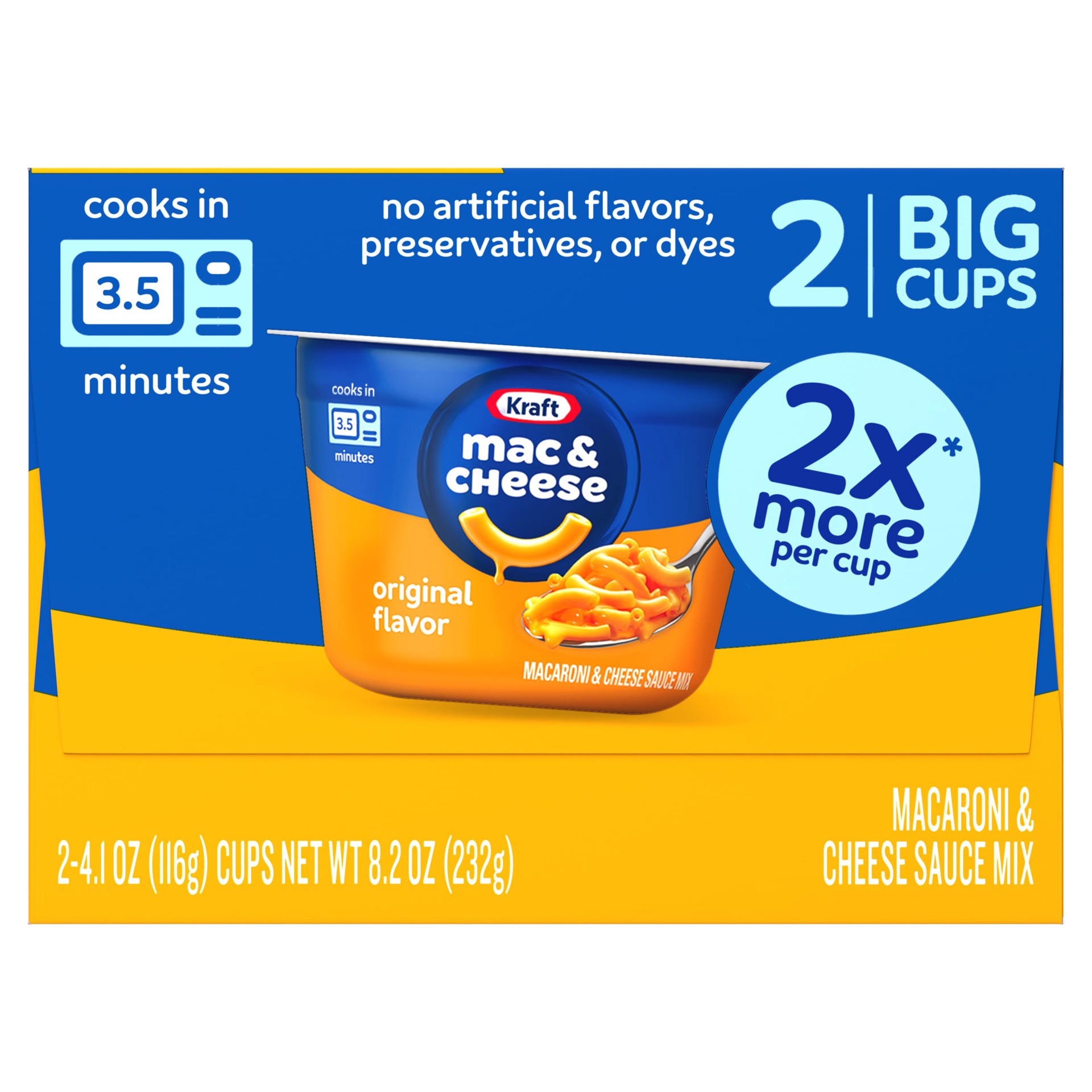 slide 5 of 8, Kraft Mac and Cheese, 2 Big Cups, for Easy Dinner or Dinner Sides, Original Flavor, No Artificial Flavors, Preservatives or Dyes, 4.1 oz, 2 ct