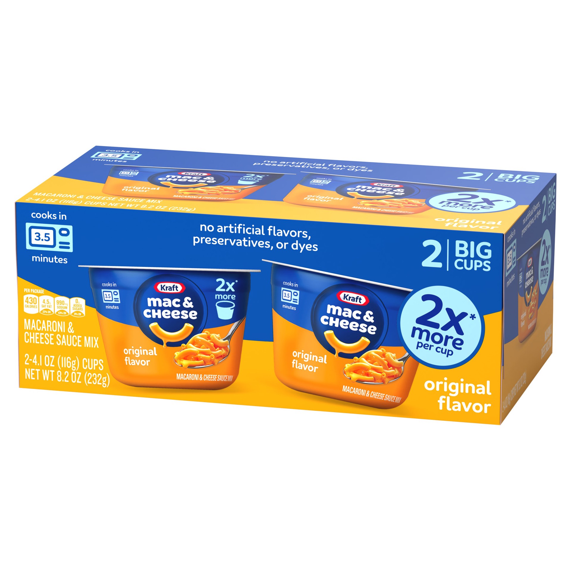 slide 8 of 8, Kraft Mac and Cheese, 2 Big Cups, for Easy Dinner or Dinner Sides, Original Flavor, No Artificial Flavors, Preservatives or Dyes, 4.1 oz, 2 ct