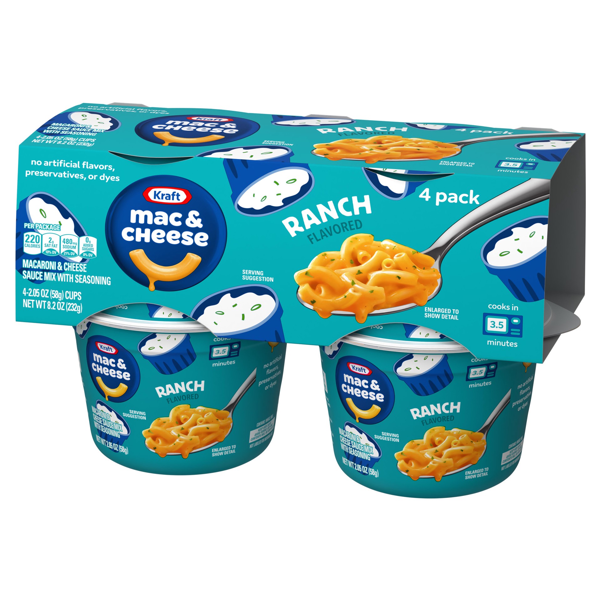 slide 4 of 8, Kraft Ranch Flavored Mac & Cheese Macaroni and Cheese Dinner, 4 ct Pack, 2.05 oz Cups, 4 ct
