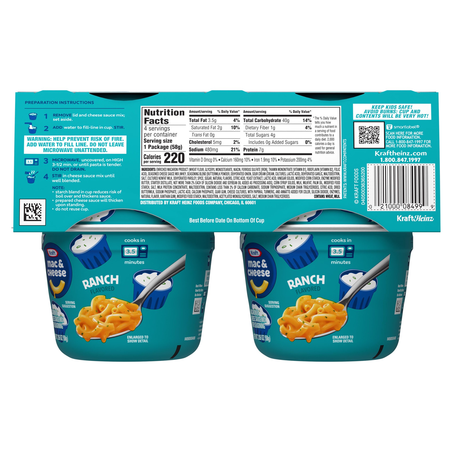 slide 5 of 8, Kraft Ranch Flavored Mac & Cheese Macaroni and Cheese Dinner, 4 ct Pack, 2.05 oz Cups, 4 ct