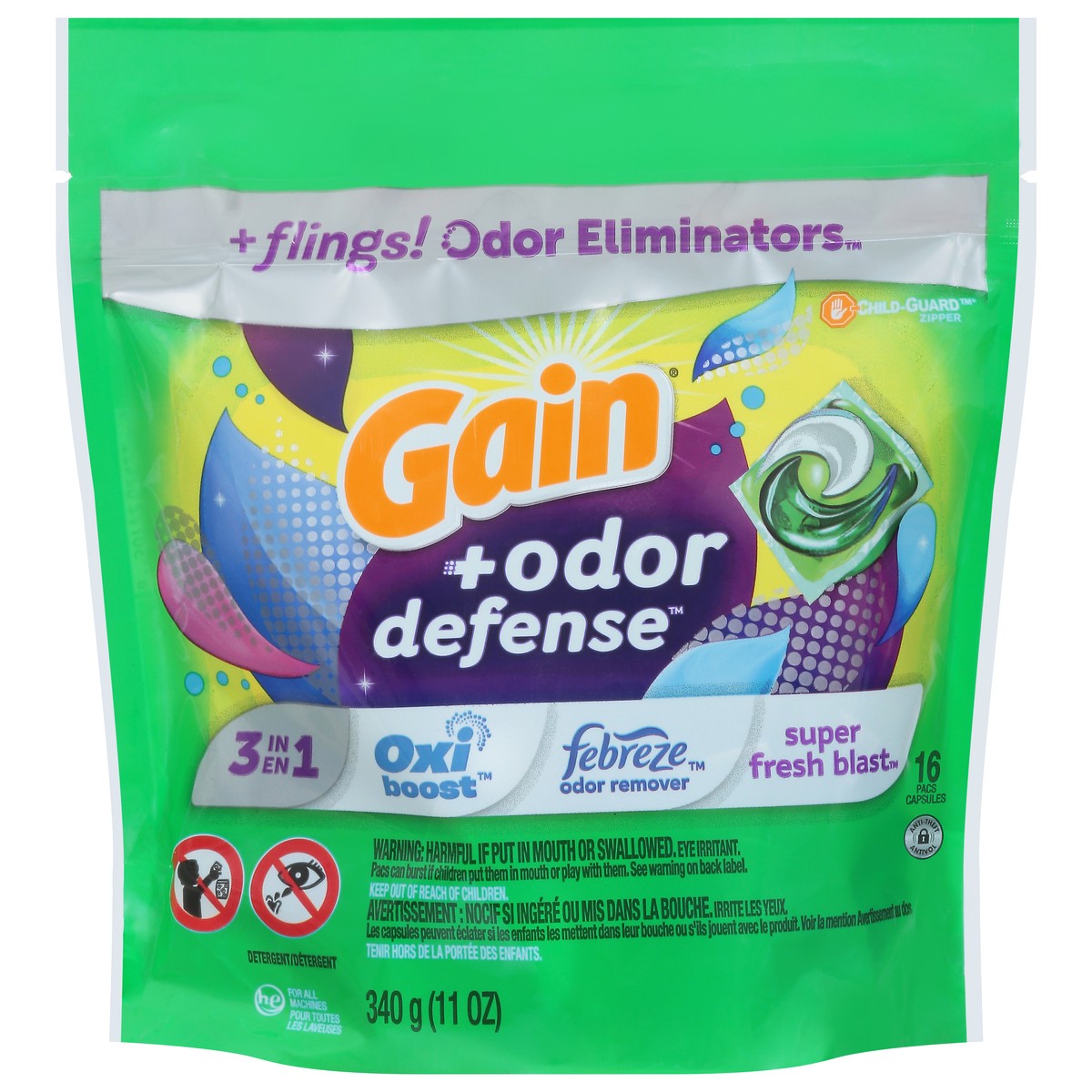 slide 1 of 1, Gain + Odor Defense Pacs 3 in 1 Detergent 16 ea, 16 ct