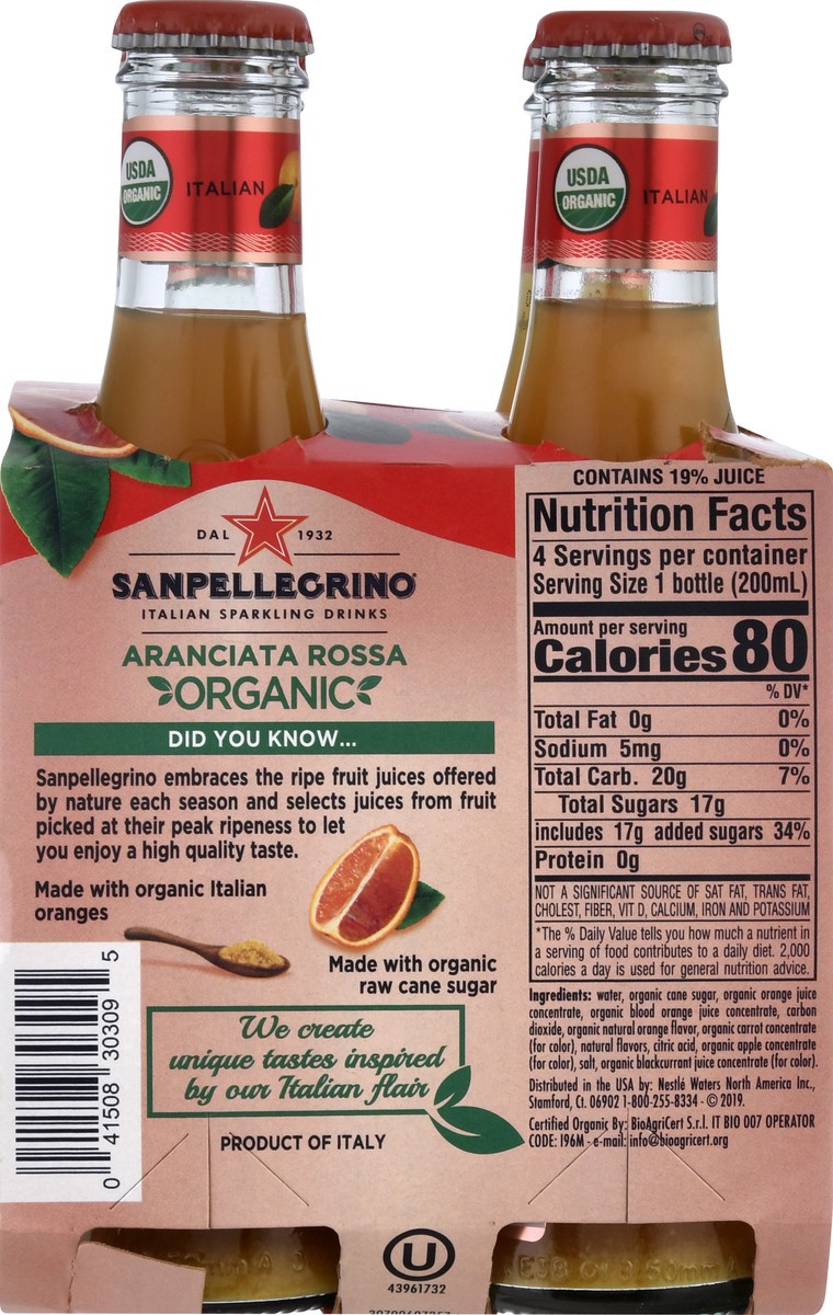 slide 6 of 9, SANPELLEGRINO Italian Sparkling Drinks Organic Aranciata Rossa, 6.76 oz. glass bottle 4-pack, 27 oz