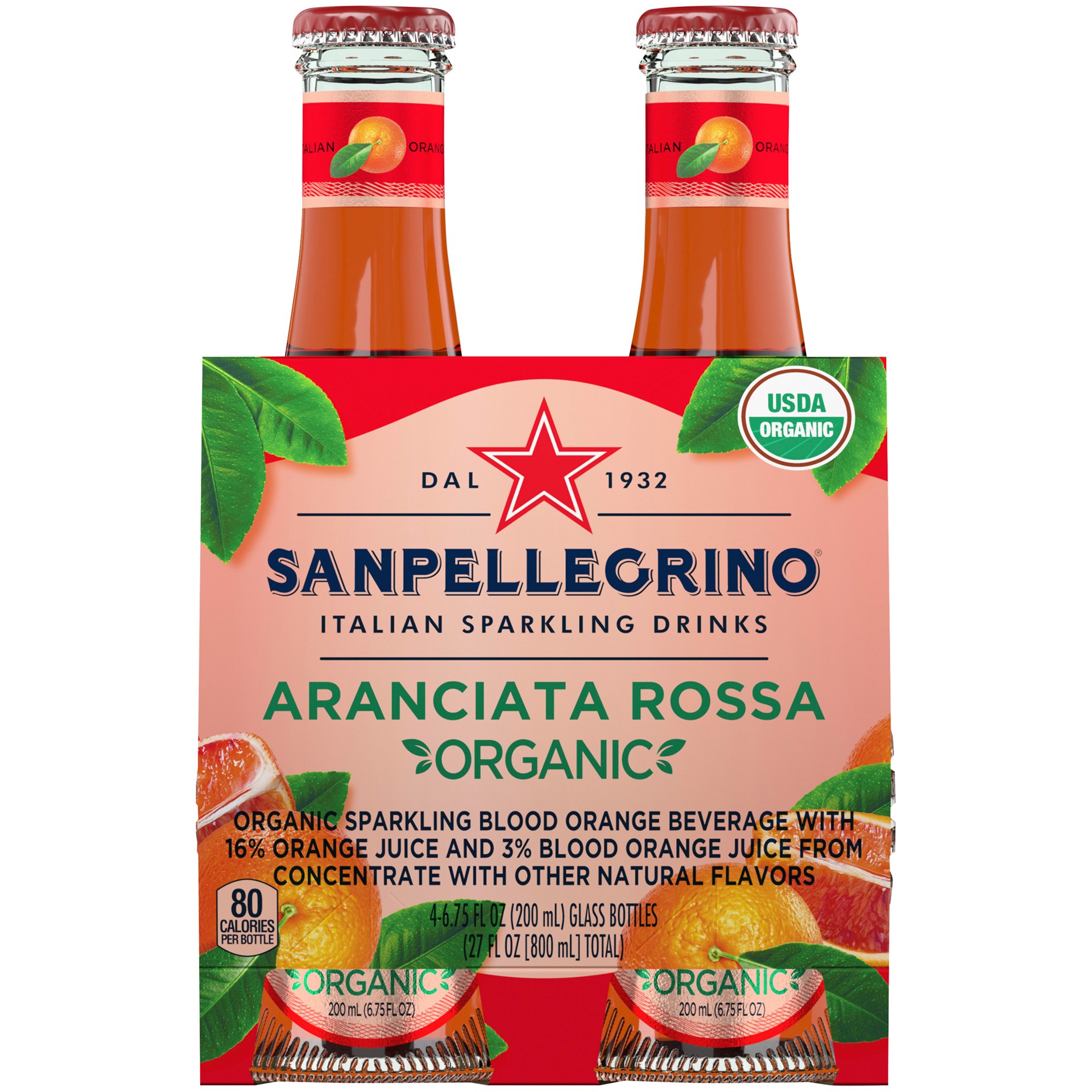 slide 1 of 9, SANPELLEGRINO Italian Sparkling Drinks Organic Aranciata Rossa, 6.76 oz. glass bottle 4-pack, 27 oz