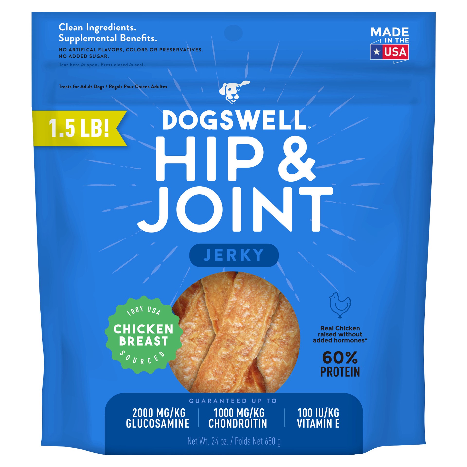 slide 1 of 7, Dogswell Hip & Joint Jerky Dog Treats, Chicken Breast, 24 oz. Pouch, 24 oz