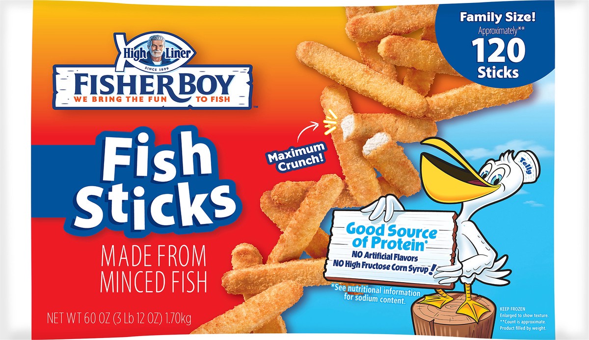 slide 3 of 3, Fisher Boy 6/60 oz Fish Sticks, Made from Minced Fish, Approximately 120 sticks, 60 oz