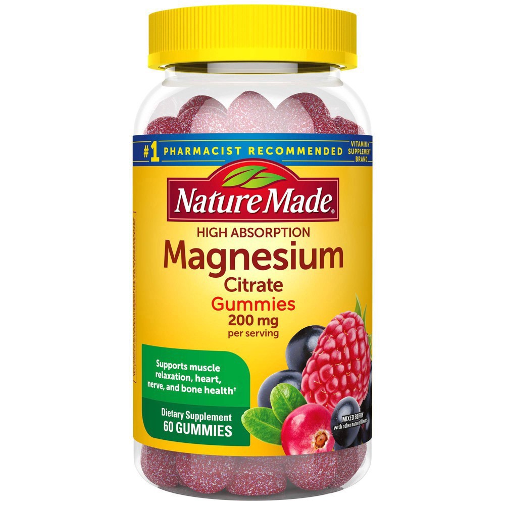 slide 20 of 36, Nature Made High Absorption Magnesium Citrate 200 mg per serving, Magnesium Supplement for Muscle, Nerve, Bone and Heart Support, 60 Magnesium Gummies, 30 Day Supply, 60 ct