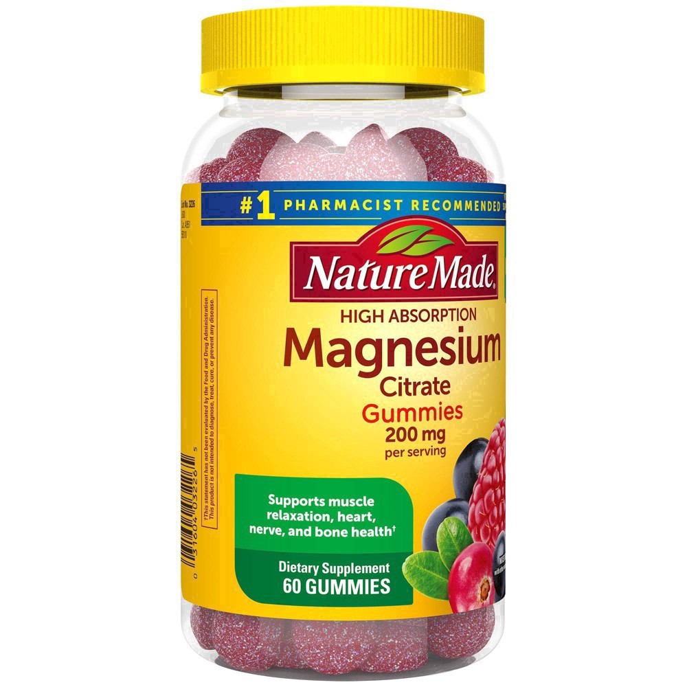 slide 35 of 36, Nature Made High Absorption Magnesium Citrate 200 mg per serving, Magnesium Supplement for Muscle, Nerve, Bone and Heart Support, 60 Magnesium Gummies, 30 Day Supply, 60 ct