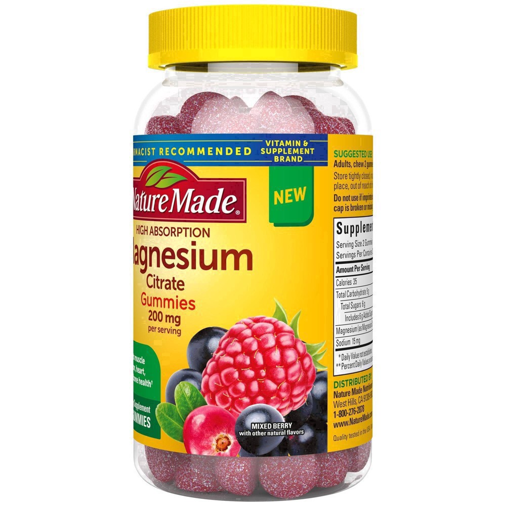 slide 26 of 36, Nature Made High Absorption Magnesium Citrate 200 mg per serving, Magnesium Supplement for Muscle, Nerve, Bone and Heart Support, 60 Magnesium Gummies, 30 Day Supply, 60 ct