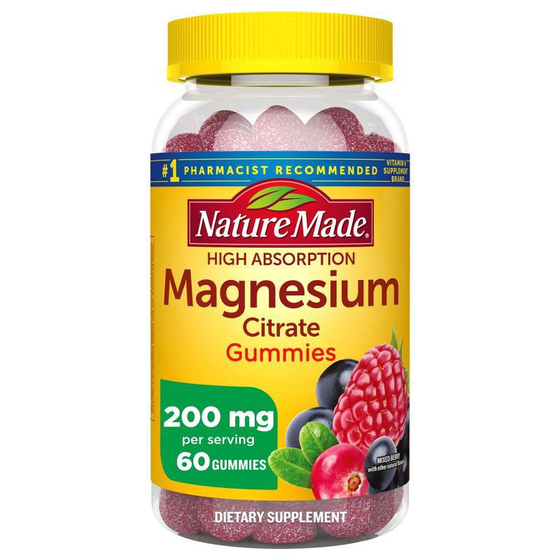 slide 1 of 36, Nature Made High Absorption Magnesium Citrate 200 mg per serving, Magnesium Supplement for Muscle, Nerve, Bone and Heart Support, 60 Magnesium Gummies, 30 Day Supply, 60 ct