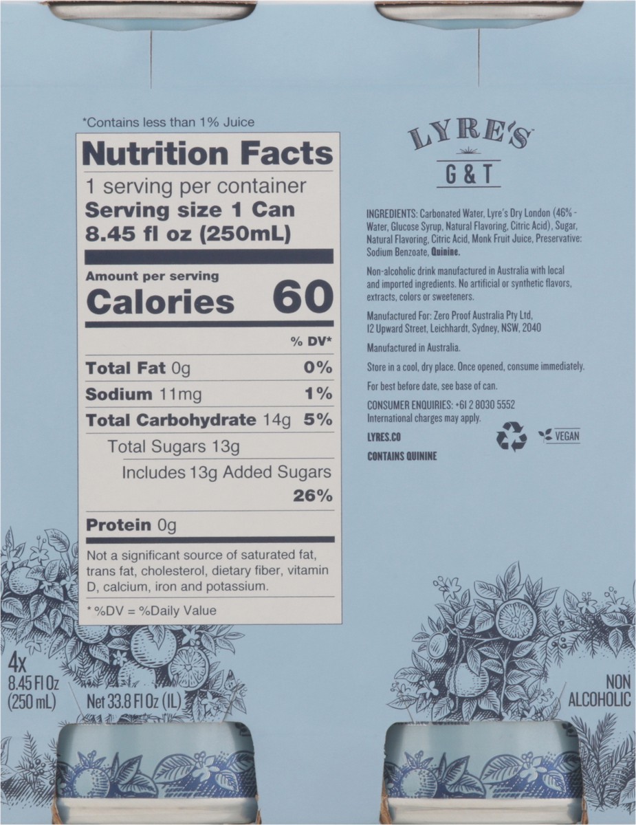 slide 8 of 13, Lyre's G&T Non-Alcoholic Cocktail 4 - 8.45 fl oz Cans, 250 ml